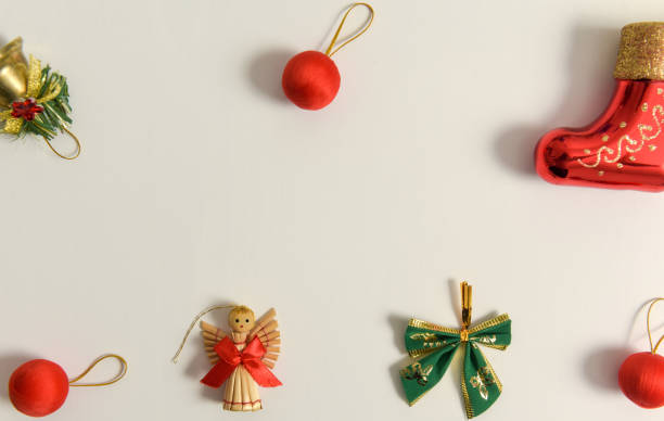 istock Christmas background with boots, angel and small decorations for Christmas tree 1290518996