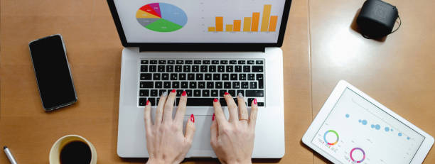 istock Horizontal banner Top view workplace with computer laptop, tablet, smartphone and cup of hot tea or coffe. Histograms representation and woman hands typing. 1290522258
