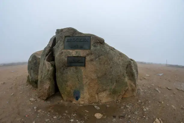 Famous stone at the top of the Brocken in the Harz Mountains