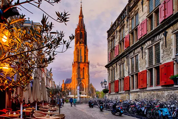 Travel Concepts. Protestant New Gothic Church (Nieuwe Kirche) on Markt Square in Dutch Old City Delft in Holland, the Netherlands. Horizontal Image