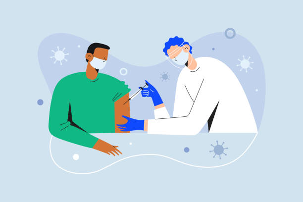 Coronavirus vaccination, doctor injecting a patient, getting first shot of covid vaccine in arm muscle. Medical doctor in protective suit and mask, process of immunization against covid-19 Coronavirus vaccination, doctor injecting a patient, getting first shot of covid vaccine in arm muscle. Medical doctor in protective suit and mask, process of immunization against covid-19, vector illustration coronavirus illustrations stock illustrations