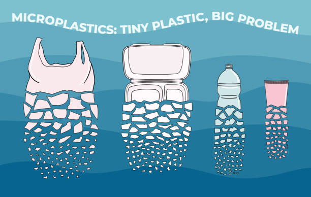 The disposable plastic breaks up into small pieces The disposable plastic breaks up into small pieces. Microplastics in water from mismanaged plastic waste. Marine and ocean plastic pollution. Environmental problems. Hand drawn vector illustration. microplastic stock illustrations