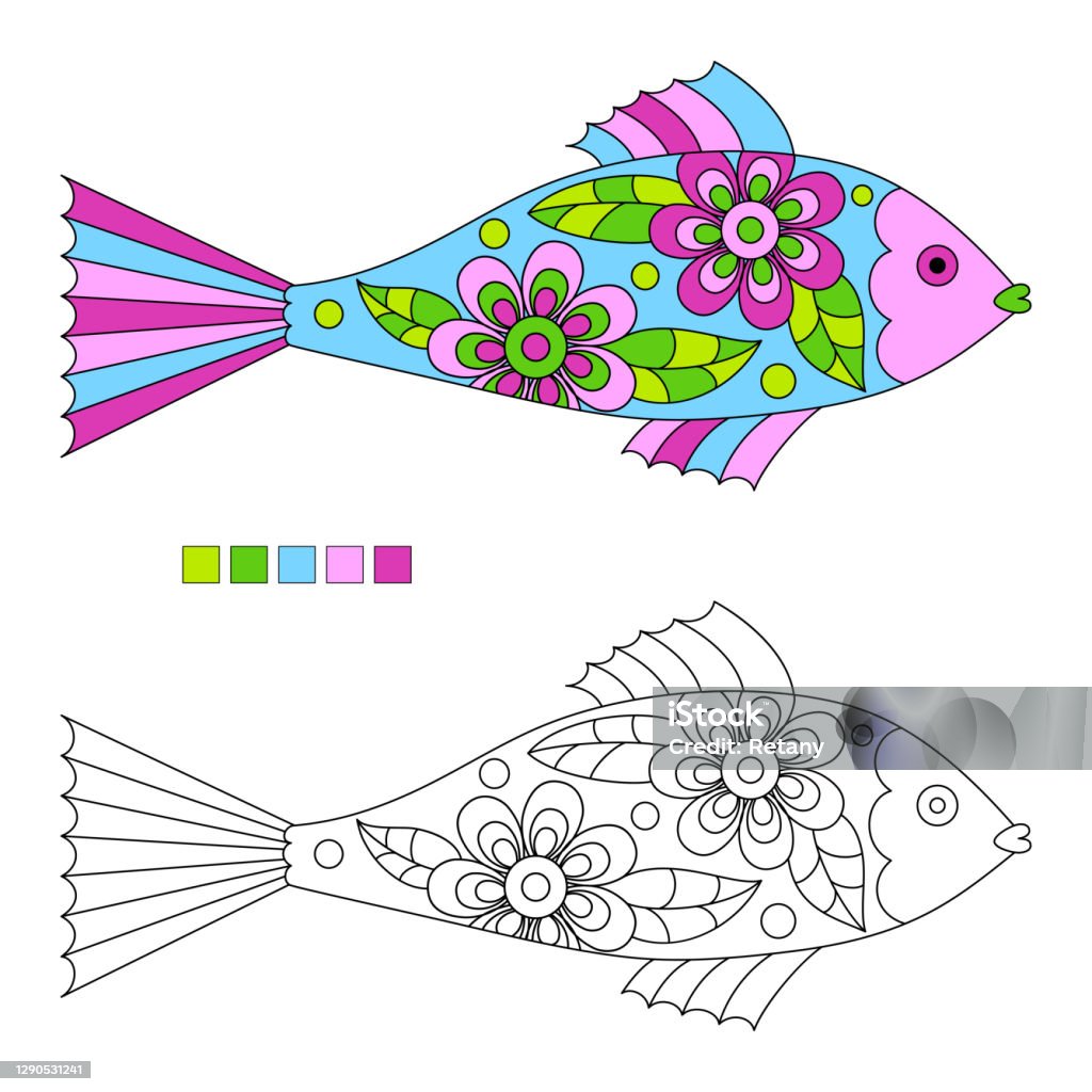 Fish Fancy Colouring In Ornate Stylized Fish For Children Coloring Book Stock Illustration ...