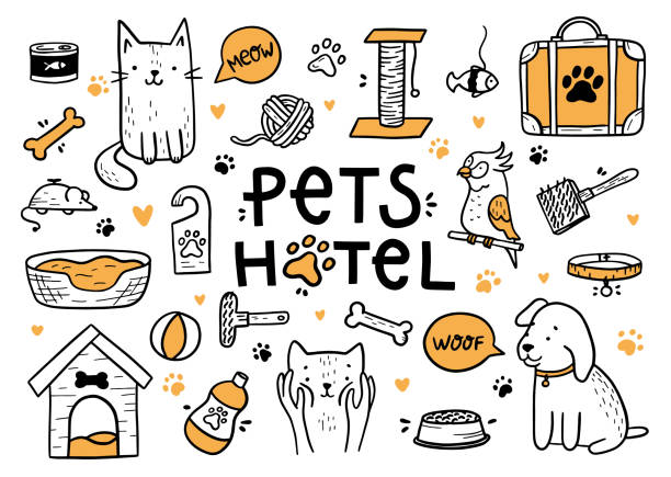 낙서 스타일로 설정된 애완동물 호텔 벡터 - 쓰다듬어 주기 일러스트 stock illustrations