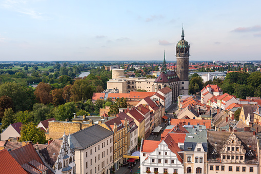 Aerial view of the historic town center of Wittenberg with the Castle Church.