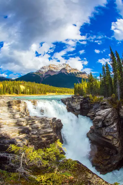 Photo of Athabasca Falls, popular with tourists
