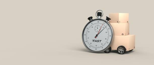 istock stopwatch placed in front of a cardboard box with wheels - 3D rendering 1290534246