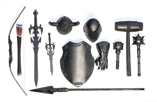 set of medieval black weapons isolated on white background