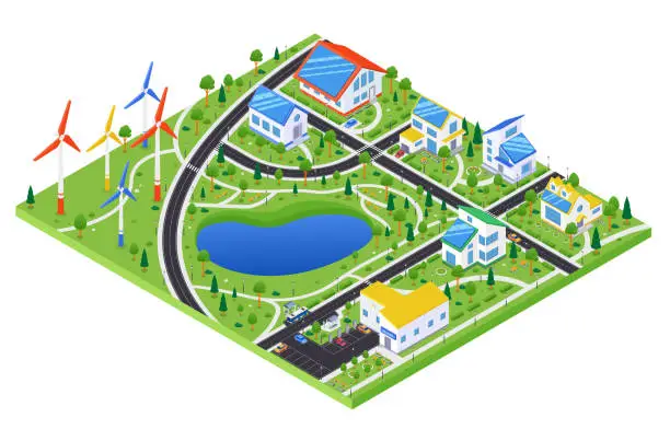 Vector illustration of Eco village - modern vector colorful isometric illustration