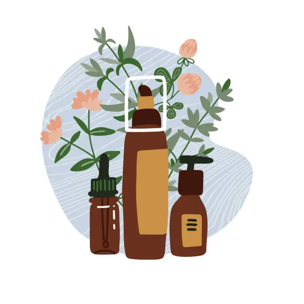 Vector illustration of Care cosmetic standing on shelf. Perfume, tubes of lotion, oil, cream, scrub, serum. The concept of organic natural cosmetics. Flat style vector illustration, green leaves, plants, tropical leaves