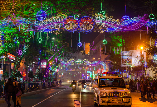 Kolkata, West Bengal, India - December 21,2019. Decorated Lights all around the Streets of Kolkata at the Time of Christmas Festival. Selective Focus is used.