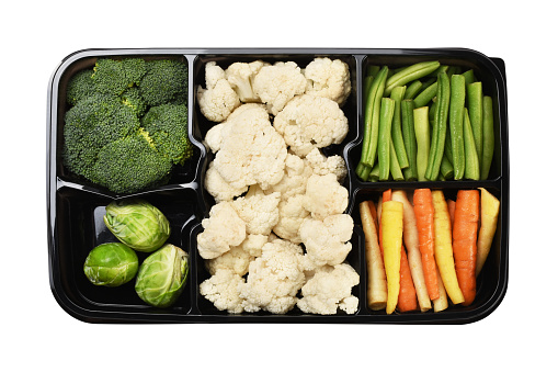 Directly above Vegetarian food, vegetables broccoli, green beans, carrots, Brussels sprouts, cauliflowers in the serving size plastic plate isolated on the white background with clipping path, healthy eating, dieting food