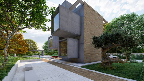 istock Rear view of a modern cubic house with pool 1290538792