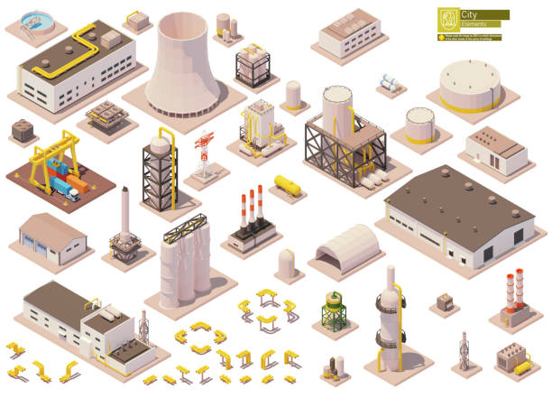 Vector isometric factory buildings and machinery set Vector isometric factory buildings and machinery set. Factory or plant buildings, equipment, pipes, chimney, tanks, crane, warehouse, industrial facilities. Isometric city map elements industry and manufacturing infographics stock illustrations