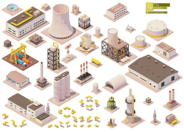 Vector illustration of Vector isometric factory buildings and machinery set