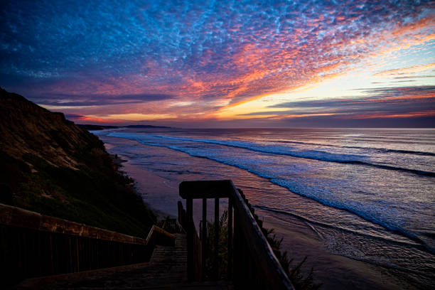 The sun is setting over the ocean, casting a warm glow over the water. The sky is filled with clouds, creating a moody atmosphere