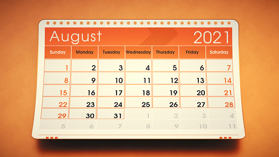 August 2021 calendar page design in orange colors, suspended on a textured orange background