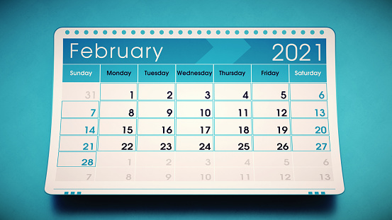 February 2021 calendar page design in cyan colors, suspended on a textured cyan background with vignette