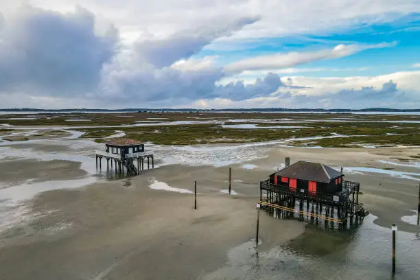 Cabins on piloti in Isle of Birds, Arcachon bay, Aquitaine, France