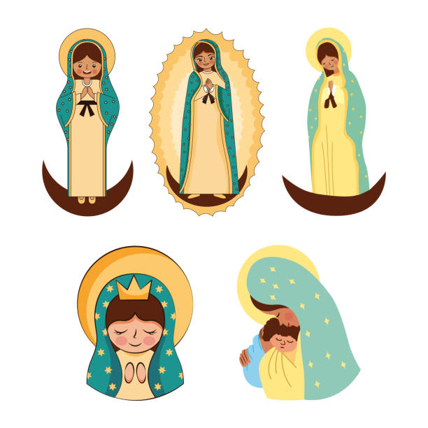 cartoon of the virgin of guadalupe cartoon of the virgin of guadalupe set . vector illustration religiosity stock illustrations
