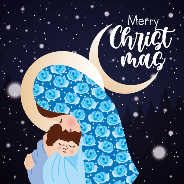 christmas card christmas card with virgin mary with baby jesus between arms in the night. vector illustration religiosity stock illustrations