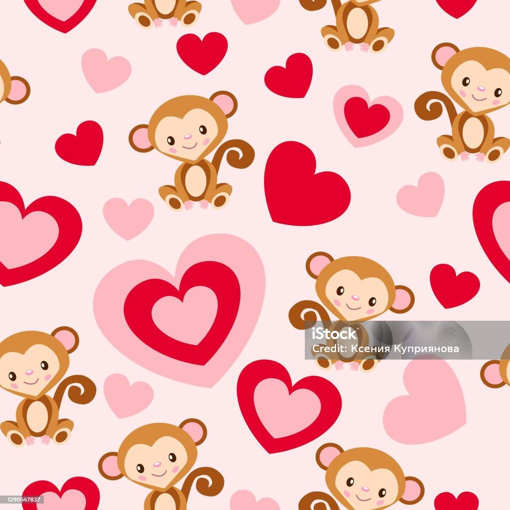 Seamless Pattern St Valentines Day Baby Monkey Smiling Cartoon Style Cute  And Funny Red And Pink Hearts Pink Background Post Cards Wallpaper Textile  Scrapbooking And Wrapping Paper Stock Illustration - Download Image