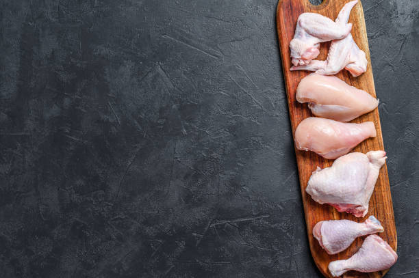 istock Different types of raw chicken meat, poultry. Black background. Top view. Copy space 1290548133