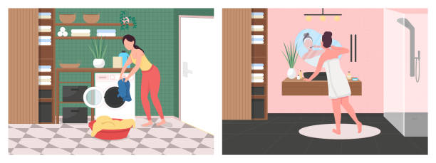 ежедневный режим в ванной комнате плоский цвет вектор иллюстрации набор - machine teeth illustrations stock illustrations
