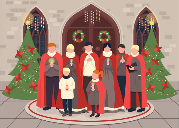 ilustrações de stock, clip art, desenhos animados e ícones de christmas carol choir flat color vector illustration - choir elements