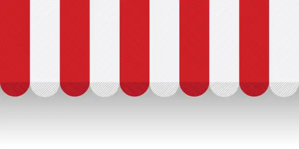 Vector illustration of Red textured striped awning for shop. Tent sun shade for market on white background. Vector illustration