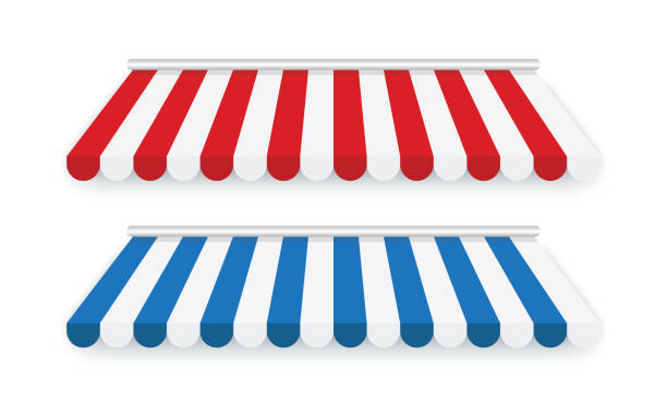 istock Concept striped awnings for shop. Tent sun shade for market on white background. Vector illustration 1290549556