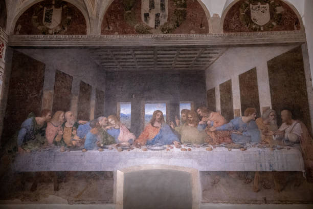 Picture The Last Supper by Leonardo da Vinci in Santa Maria delle grazie Milan, Italy - June 27, 2018: Interior of refectory of the convent Santa Maria delle grazie (Holy Mary of Grace), on wall mural of The Last Supper by Leonardo da Vinci fresco photos stock pictures, royalty-free photos & images