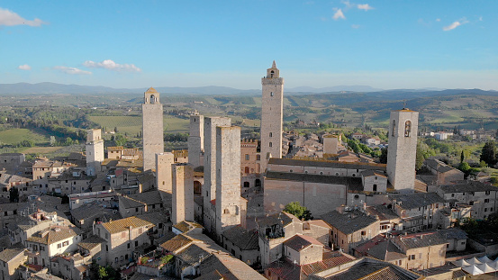 4K Drone aerial shooting of fanstastic cityscape of San Gimignanon. Fantastic old towers and building, ancient place.