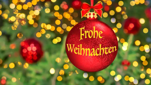 "Frohe Weihnachten" means "Merry Christmas" in German. Blurred background of beautiful Christmas tree decorated with bright golden lights, toys, illumination Bokeh Happy New Year! Greeting Germany