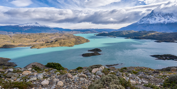 Landscape with lake Lago del Pehoe in the Torres del Paine national park, Patagonia, Chile.