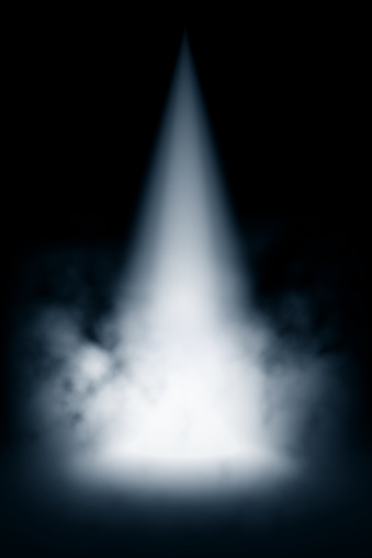 3d white blue volume spotlight effect as on stage with fog at the bottom. Ready to use for background of any designs or collages. Performing, awards, events etc.