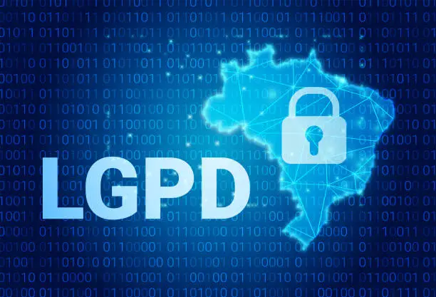 Vector illustration of LGPD - Brazilian Data Protection Authority DPA, rights under the Lei Geral de Prote o de Dados - Spanish . Vector background with lock and map of Brazil