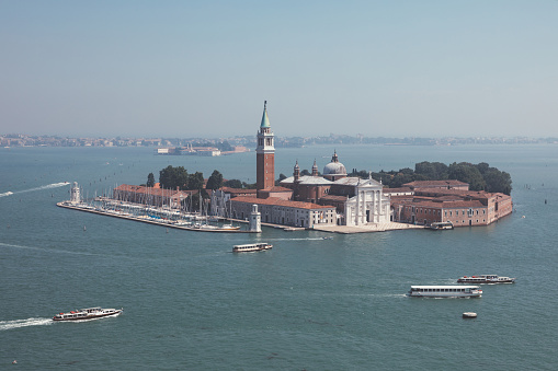 Panoramic view of San Giorgio Maggiore Island from St. Mark's Campanile. Landscape of summer day and sunny blue sky
