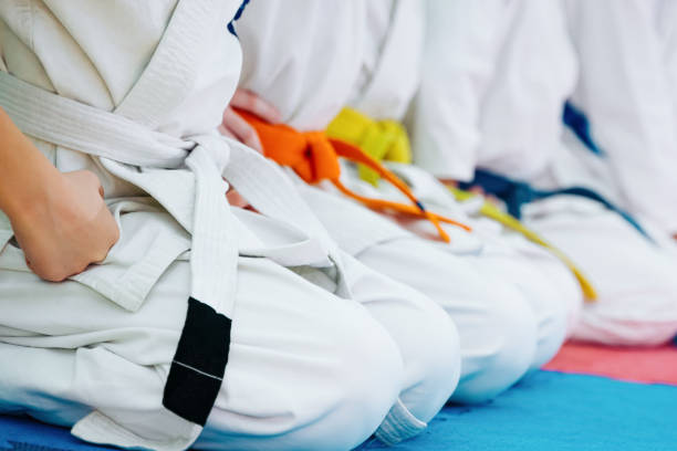 niños entrenando en karate-do. banner con espacio para texto. para páginas web o impresión publicitaria - karate child judo belt fotografías e imágenes de stock