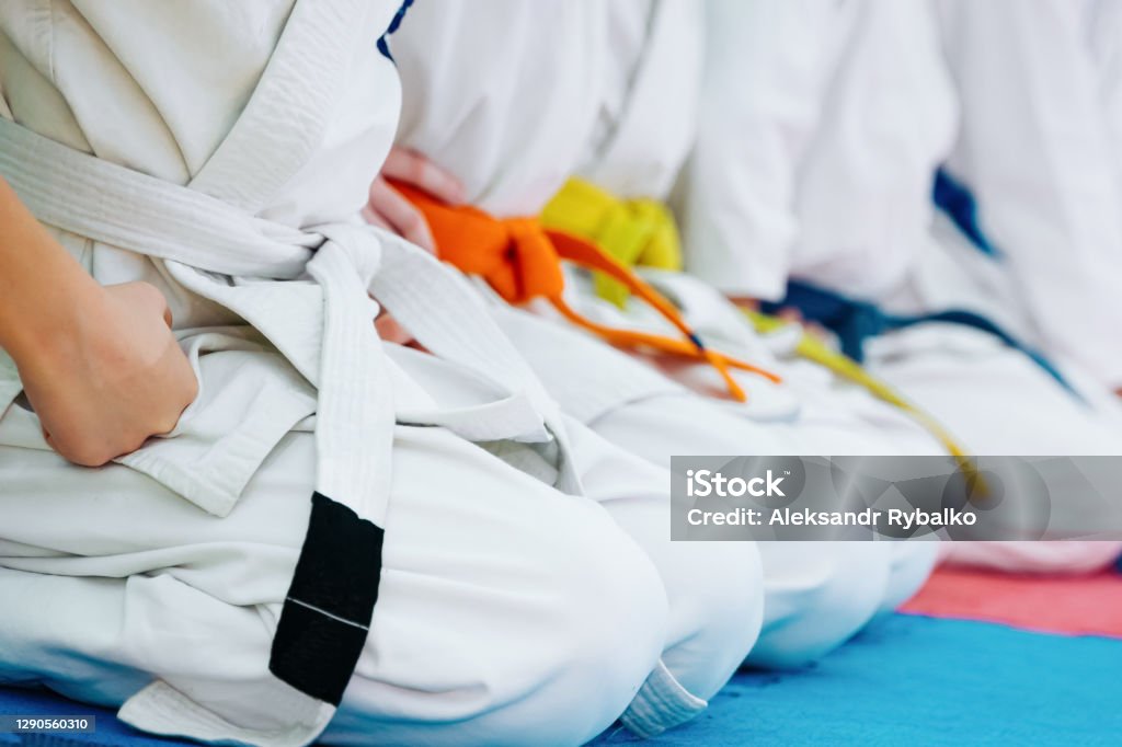 Kids training on karate-do. Banner with space for text. For web pages or advertising printing Karate Stock Photo