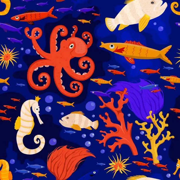 Vector illustration of Marine life seamless pattern