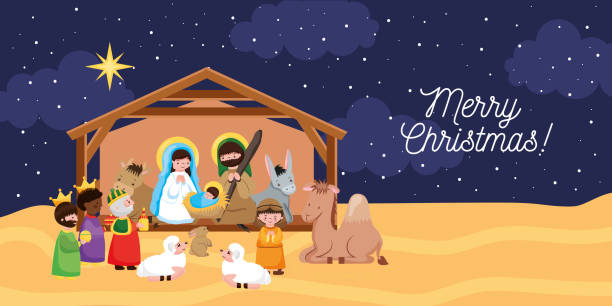 ilustraciones, imágenes clip art, dibujos animados e iconos de stock de belén - christmass bebé jesús nativity con virgen maría y padre joseph