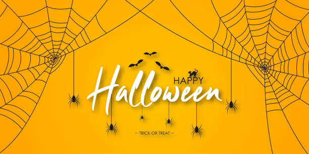 ilustrações, clipart, desenhos animados e ícones de faixa de halloween feliz ou convite para festa. letras de halloween com aranhas, teia de aranha, morcego e gato em fundo laranja com sombra. vetor - bat halloween spider web spooky