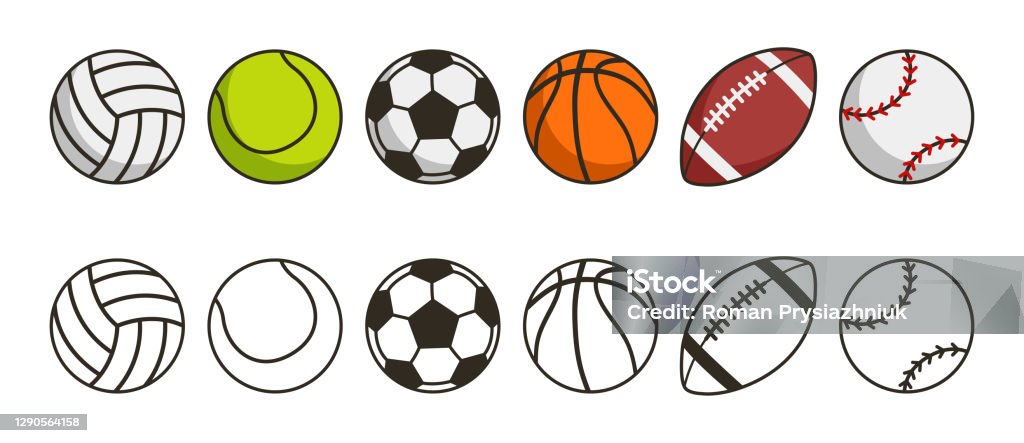 Conjunto de pelota deportiva. Iconos de bolas de juego. Equipos deportivos de voleibol, tenis, fútbol, baloncesto, fútbol americano o rugby y béisbol. Vector - arte vectorial de Pelota de fútbol libre de derechos