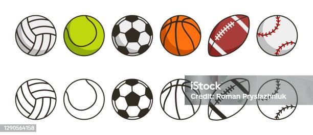 Ilustración de Conjunto De Pelota Deportiva Iconos De Bolas De Juego Equipos Deportivos De Voleibol Tenis Fútbol Baloncesto Fútbol Americano O Rugby Y Béisbol Vector y más Vectores Libres de Derechos de Pelota de fútbol