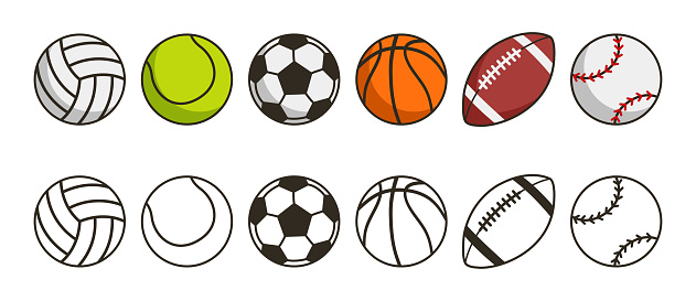 Sport ball set. Game balls icons. Volleyball, tennis, soccer, basketball, american football or rugby and baseball sport equipments. Vector illustration.