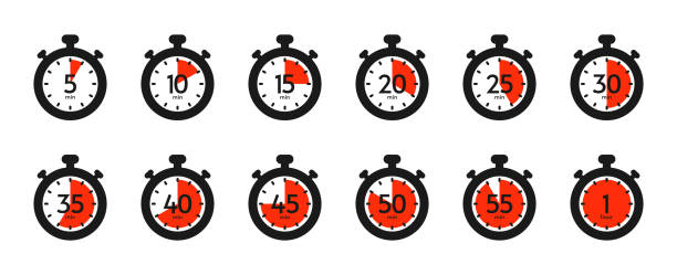 Timer and stopwatch icon set. Countdown timer with different time. Kitchen stopwatch symbol for cooking or sports clock with minutes. Vector Timer and stopwatch icon set. Countdown timer with different time. Kitchen stopwatch symbol for cooking or sports clock with minutes. Vector illustration. five minutes timer stock illustrations