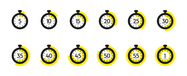 timer und stoppuhr-symbol gesetzt. countdown-timer mit unterschiedlicher zeit. küchen-stoppuhr-symbol für kochen oder sportuhr mit minuten. vektor - minutenzeiger stock-grafiken, -clipart, -cartoons und -symbole