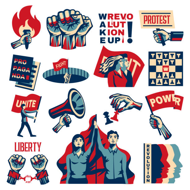 stockillustraties, clipart, cartoons en iconen met revolutie die reeks bevordert - communism