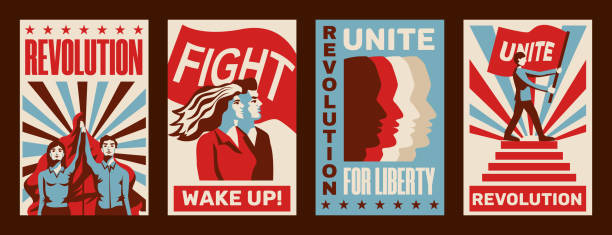 Revolution Posters Set Revolution 4 promoting constructivist posters set with calls for strike fight unity liberty vintage isolated vector illustration revolution stock illustrations